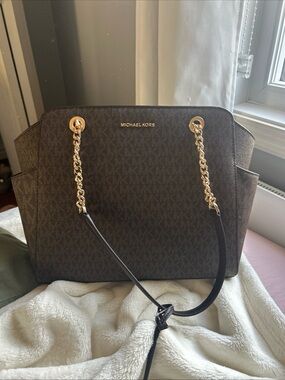 Michael Kors Brown Logo Chain-Handle Tote with Gold Hardware